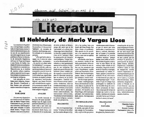 "El hablador" de Mario Vargas Llosa  [artículo] Mauricio Ostria González.