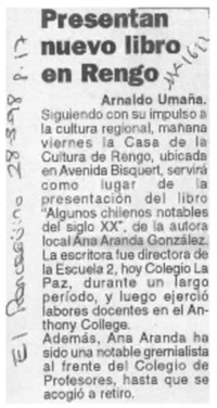Presentan nuevo libro en Rengo  [artículo] Arnaldo Umaña.