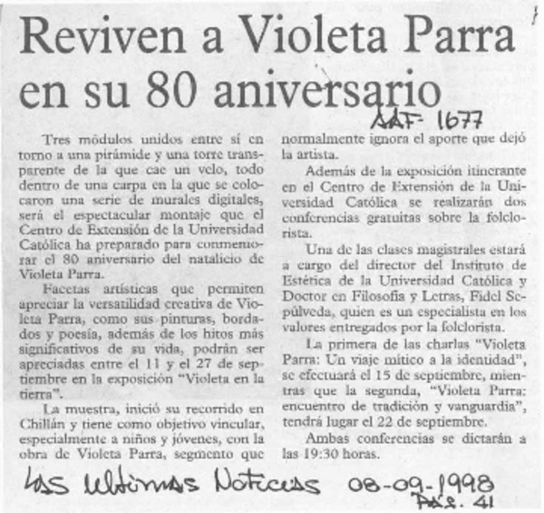 Reviven a Violeta Parra en su 80 aniversario  [artículo].