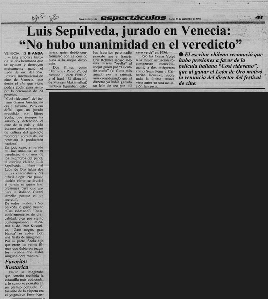 Luis Sepúlveda, jurado en Venecia, "No hubo unanimidad en el veredicto"  [artículo].