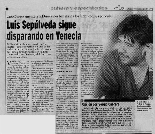 Luis Sepúlveda sigue disparando en Venecia