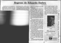 Regreso de Eduardo Embry  [artículo] Marino Muñoz Lagos.