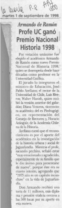 Profe UC ganó premio nacional de historia 1998  [artículo].