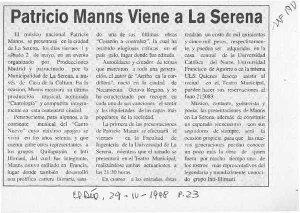 Patricio Manns viene a La Serena  [artículo].