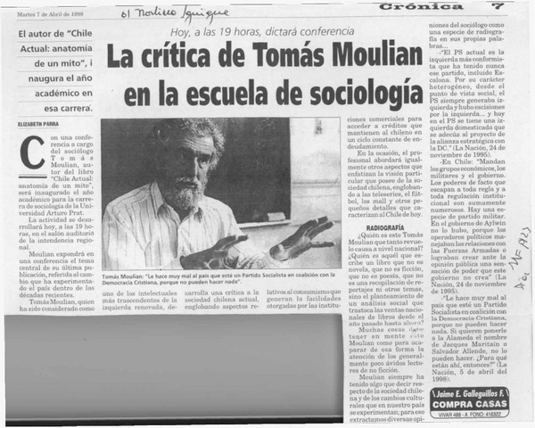 La crítica de Tomás Moulian en la escuela de sociología  [artículo] Elizabeth Parra.