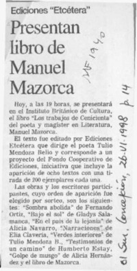 Presentan libro de Manuel Mazorca  [artículo].