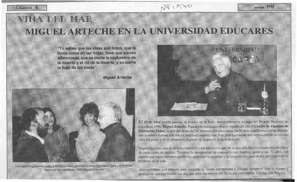 Miguel Arteche en la Universidad Educares  [artículo].