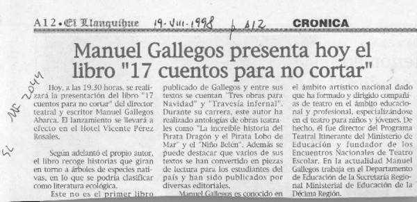Manuel Gallegos presenta hoy el libro "17 cuentos para no cortar"  [artículo].