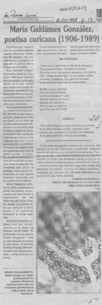 María Galdames González, poetisa curicana  [artículo] Ramón Aguilera C.