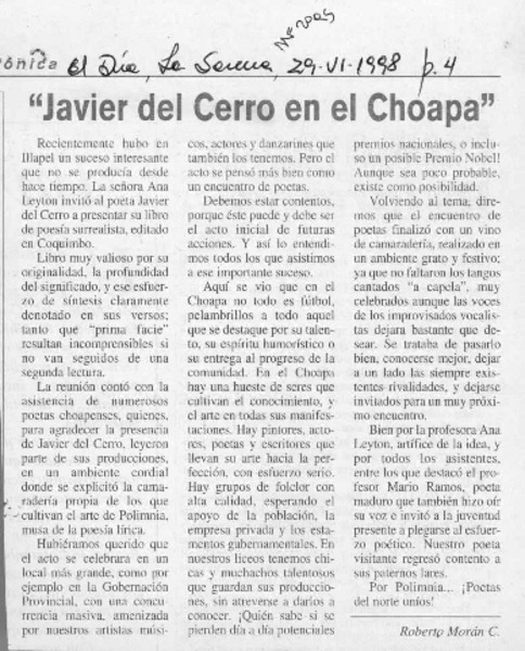 "Javier del Cerro en el Choapa"  [artículo] Roberto Morán C.