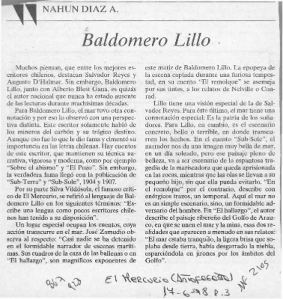 Baldomero Lillo  [artículo] Nahún Díaz A.