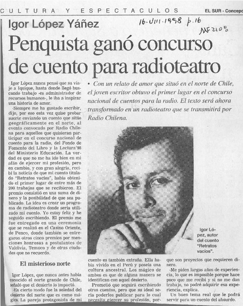 Penquista ganó concurso de cuento para radioteatro  [artículo].