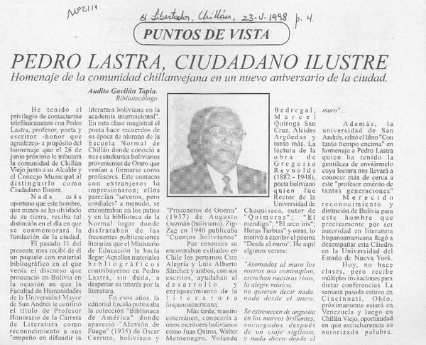 Pedro Lastra, ciudadano ilustre  [artículo] Audito Gavilán Tapia.
