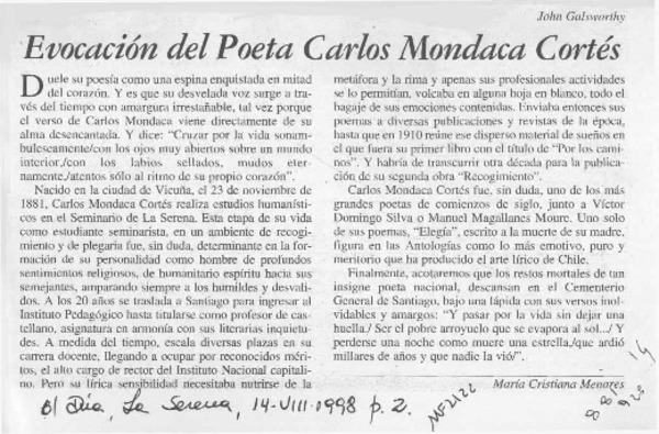 Evocación del poeta Carlos Mondaca Cortés  [artículo] María Cristina Menares.
