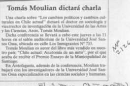 Tomás Moulian dictará charla  [artículo].