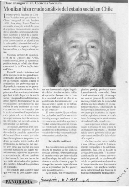 Moulian hizo crudo análisis del estado social en Chile  [artículo].