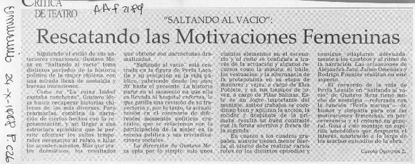 "Saltando al vacío", rescatando las motivaciones femeninas  [artículo] Carola Oyarzún L.