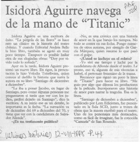 Isidora Aguirre navega de la mano de "Titanic"  [artículo].