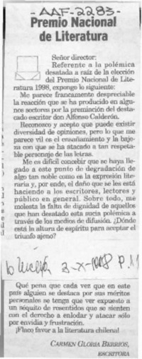 Premio nacional de literatura  [artículo] Carmen Gloria Berríos.