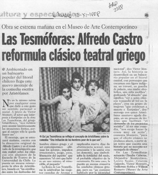Las Tesmóforas, Alfredo Castro reformula clásico teatral griego  [artículo].