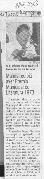 Manns recibió ayer Premio Municipal de Literatura 1973  [artículo].
