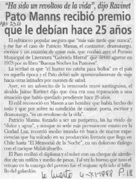 Pato Manns recibió premio que le debían hace 25 años  [artículo].