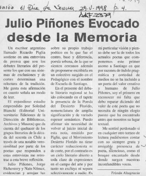 Julio Piñones evocado desde la memoria  [artículo] Tristán Altagracia.