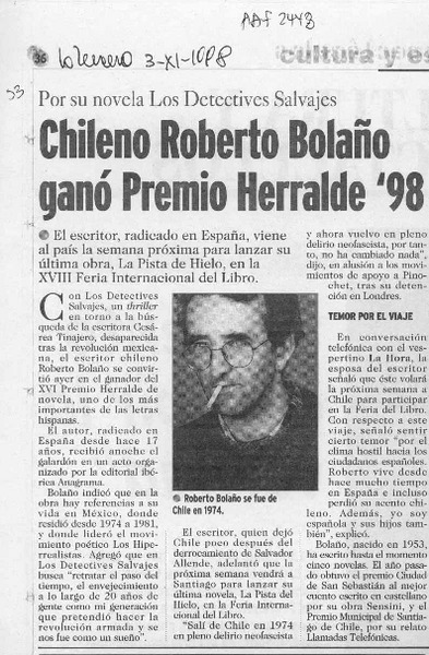 Chileno Roberto Bolaño ganó Premio Herralde '98  [artículo].
