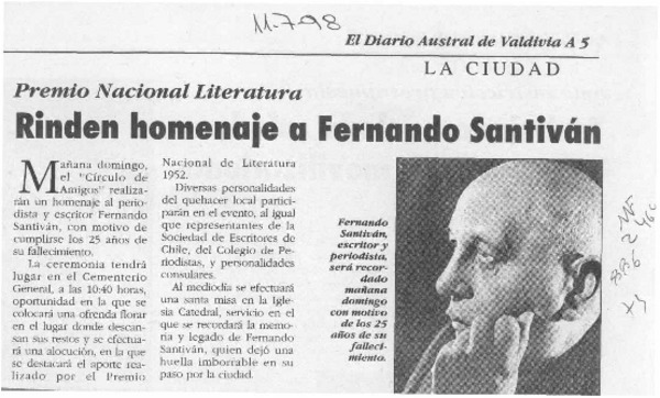 Rinden homenaje a Fernando Santiván  [artículo].