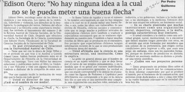 Edison Otero, "No hay ninguna idea a la cual no se le pueda meter una buena flecha"  [artículo] Pedro Guillermo Jara.
