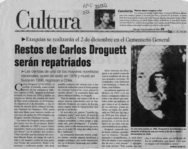 Restos de Carlos Droguett serán repatriados  [artículo] Andrés Gómez B.