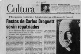 Restos de Carlos Droguett serán repatriados  [artículo] Andrés Gómez B.