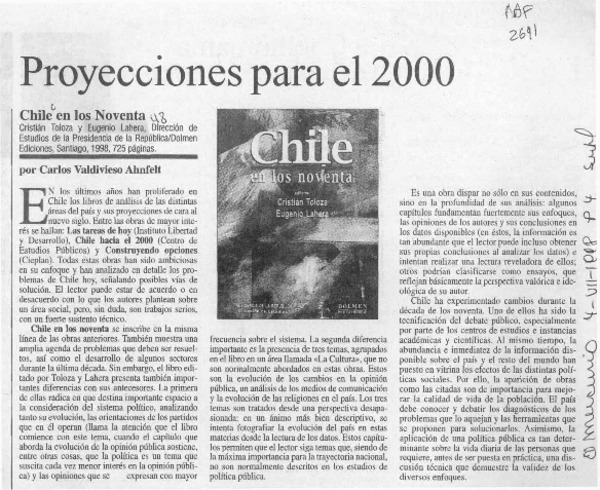 Proyecciones para el 2000  [artículo] Carlos Valdivieso Ahnfelt.