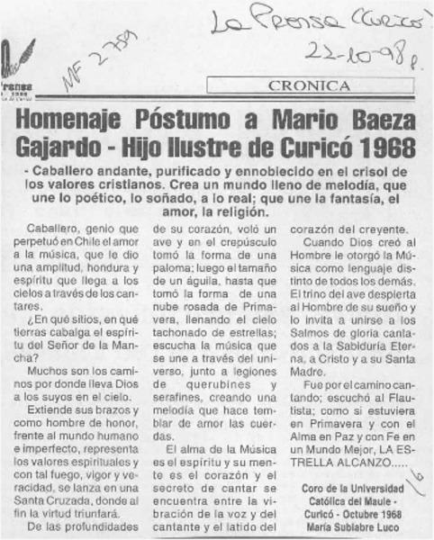 Homenaje póstumo a Mario Baeza Gajardo, hijo ilustre de Curicó  [artículo].