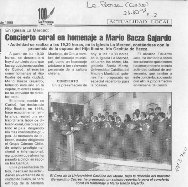 Concierto coral en homenaje a Mario Baeza Gajardo  [artículo].