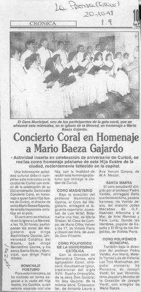 Concierto coral en homenaje a Mario Baeza Gajardo  [artículo].