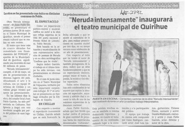 "Neruda intensamente" inaugurará el teatro municipal de Quirihue
