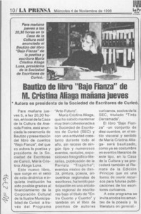 Bautizo de libro "Bajo fianza" de M. Cristiana Aliaga mañana jueves  [artículo].