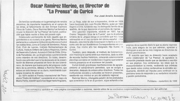 Oscar Ramírez Merino, ex Director de "La Prensa" de Curicó  [artículo] José Arraño Acevedo.