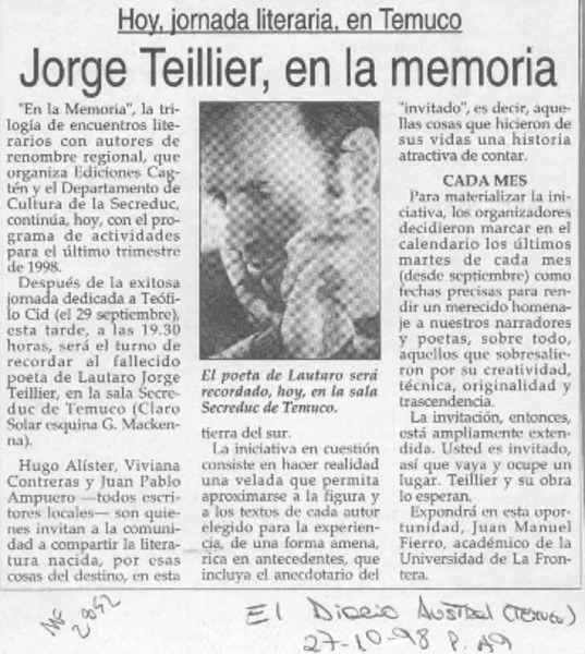 Jorge Teillier, en la memoria  [artículo].