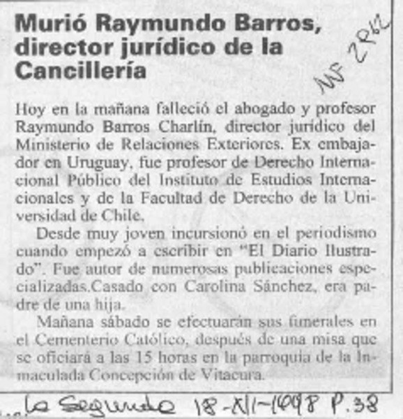 Murió Raymundo Barros, director jurídico de la Cancillería  [artículo].