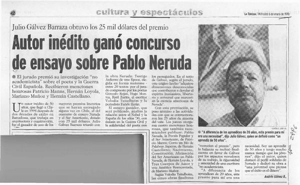 Autor inédito ganó concurso de ensayo sobre Pablo Neruda