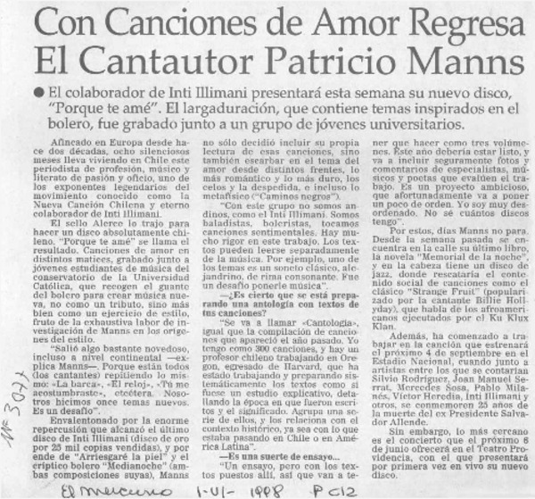 Con canciones de amor regresa el cantautor Patricio Manns  [artículo].