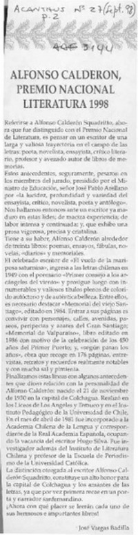 Alfonso Calderón, Premio Nacional de Literatura 1998  [artículo] José Vargas Badilla.