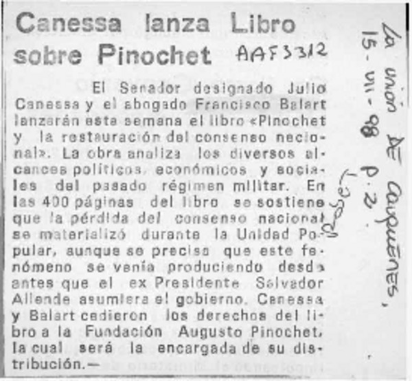 Canessa lanza libro sobre Pinochet  [artículo].