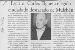 Escritor Carlos Elgueta elegido ciudadano destacado de Mulchén  [artículo].