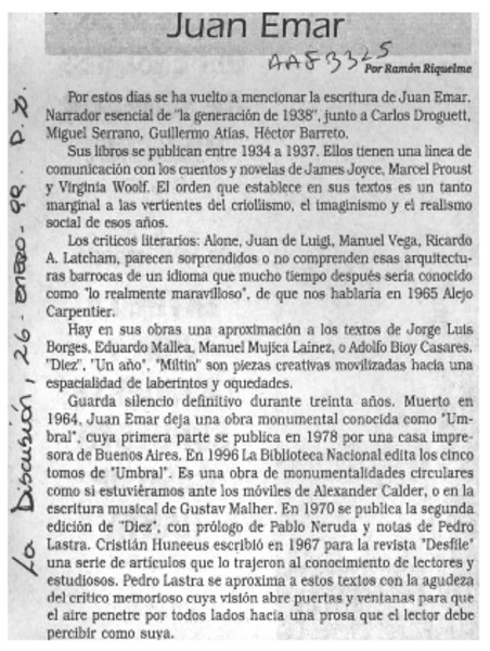 Juan Emar  [artículo] Ramón Riquelme.