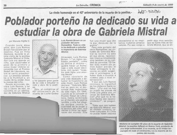 Poblador porteño ha dedicado su vida a estudiar la obra de Gabriela Mistral  [artículo] Marcela Küpfer C.