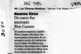 De nuevo fue internado Bioy Casares  [artículo].