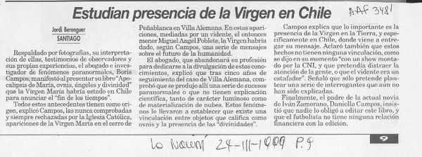 Estudian presencia de la virgen en Chile  [artículo] Jordi Berenguer.
